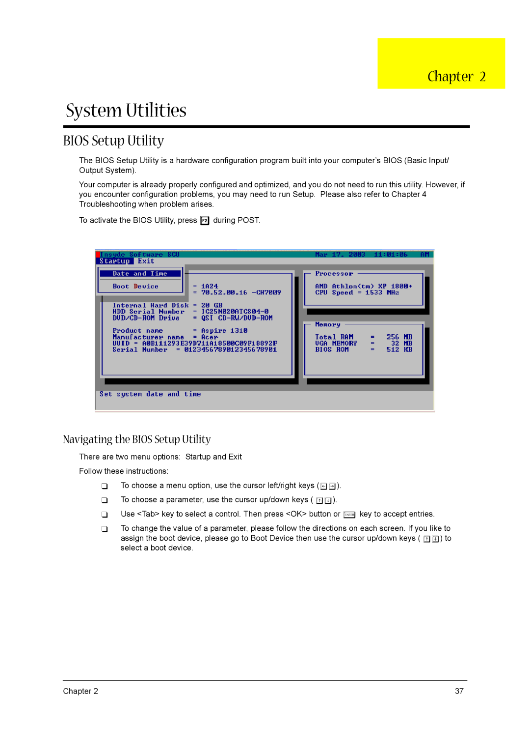 Acer VD.A0307.001 manual System Utilities, Navigating the Bios Setup Utility 