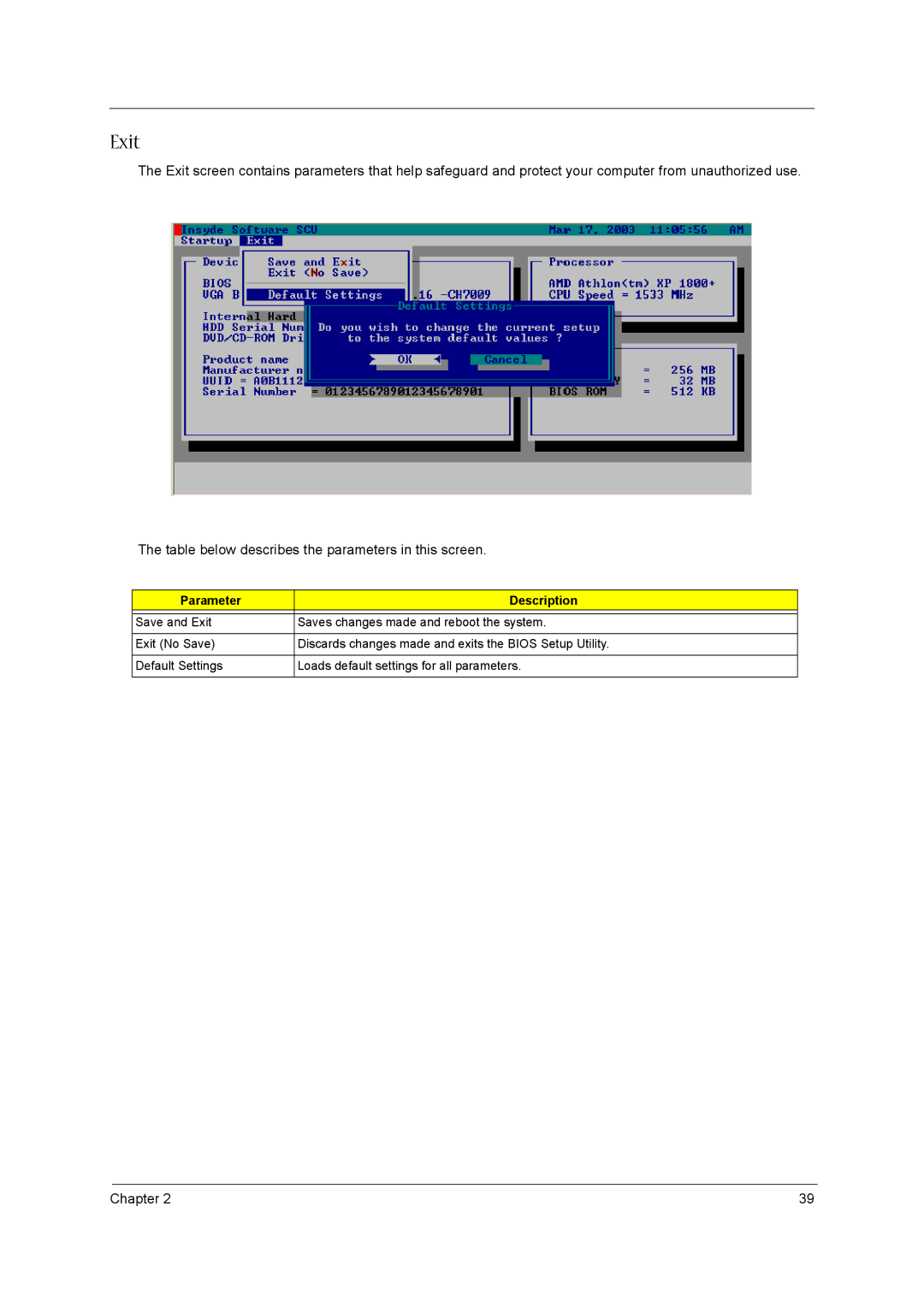 Acer VD.A0307.001 manual Exit 