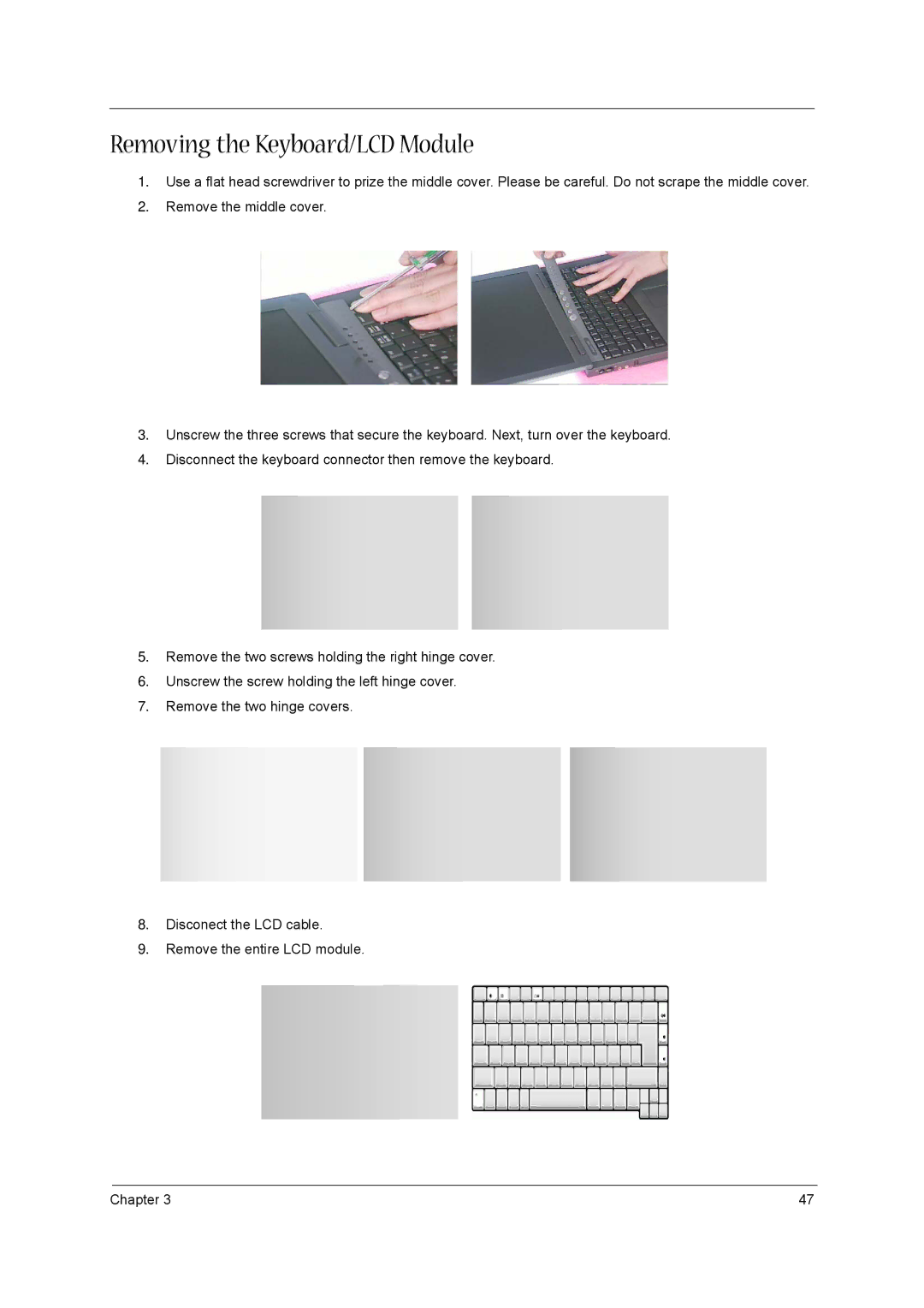 Acer VD.A0307.001 manual Removing the Keyboard/LCD Module 