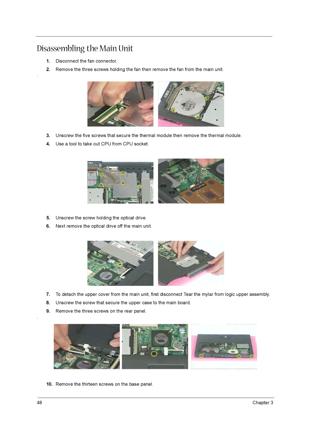 Acer VD.A0307.001 manual Disassembling the Main Unit 