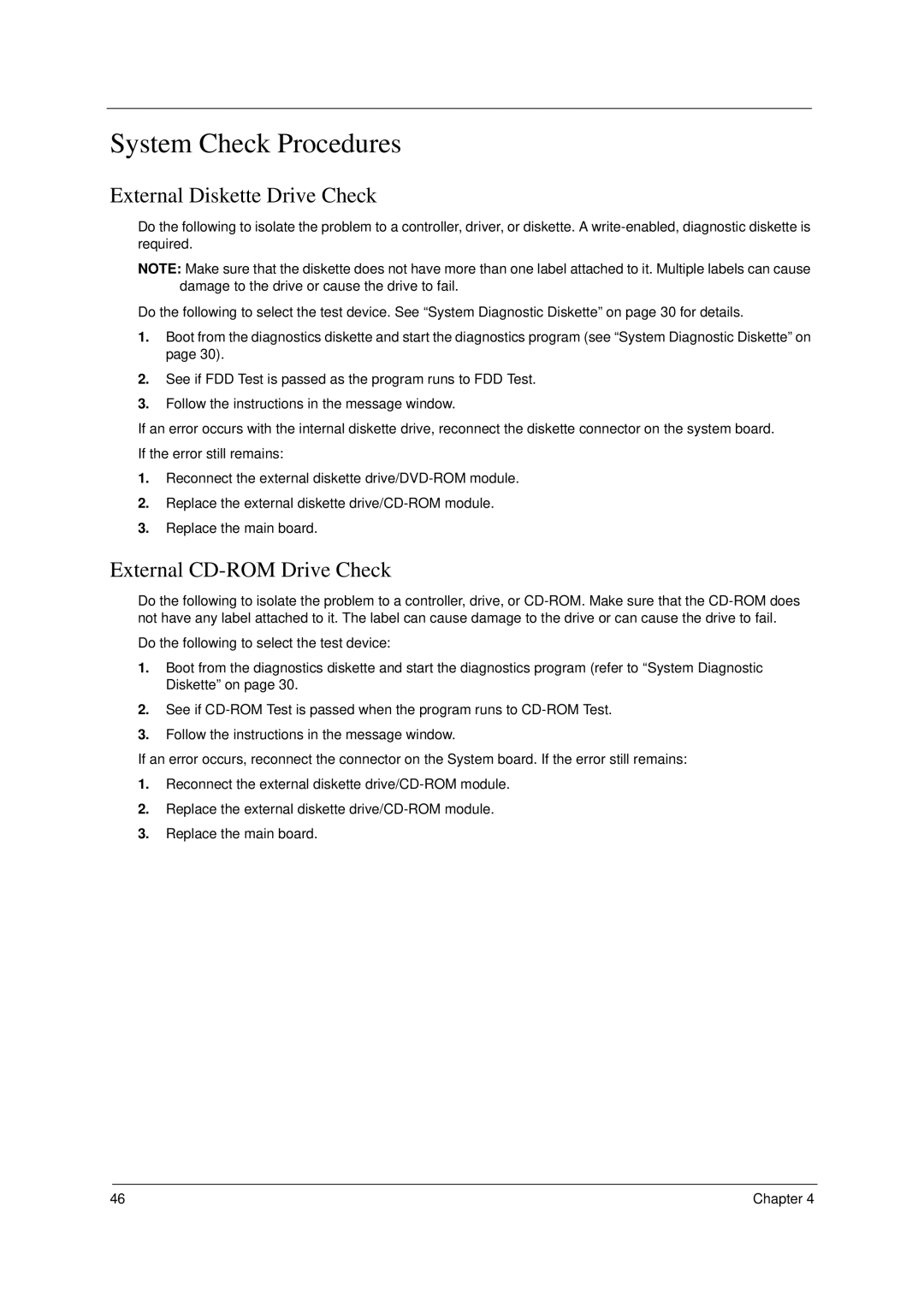 Acer VD.A0307.001 manual System Check Procedures, External Diskette Drive Check, External CD-ROM Drive Check 