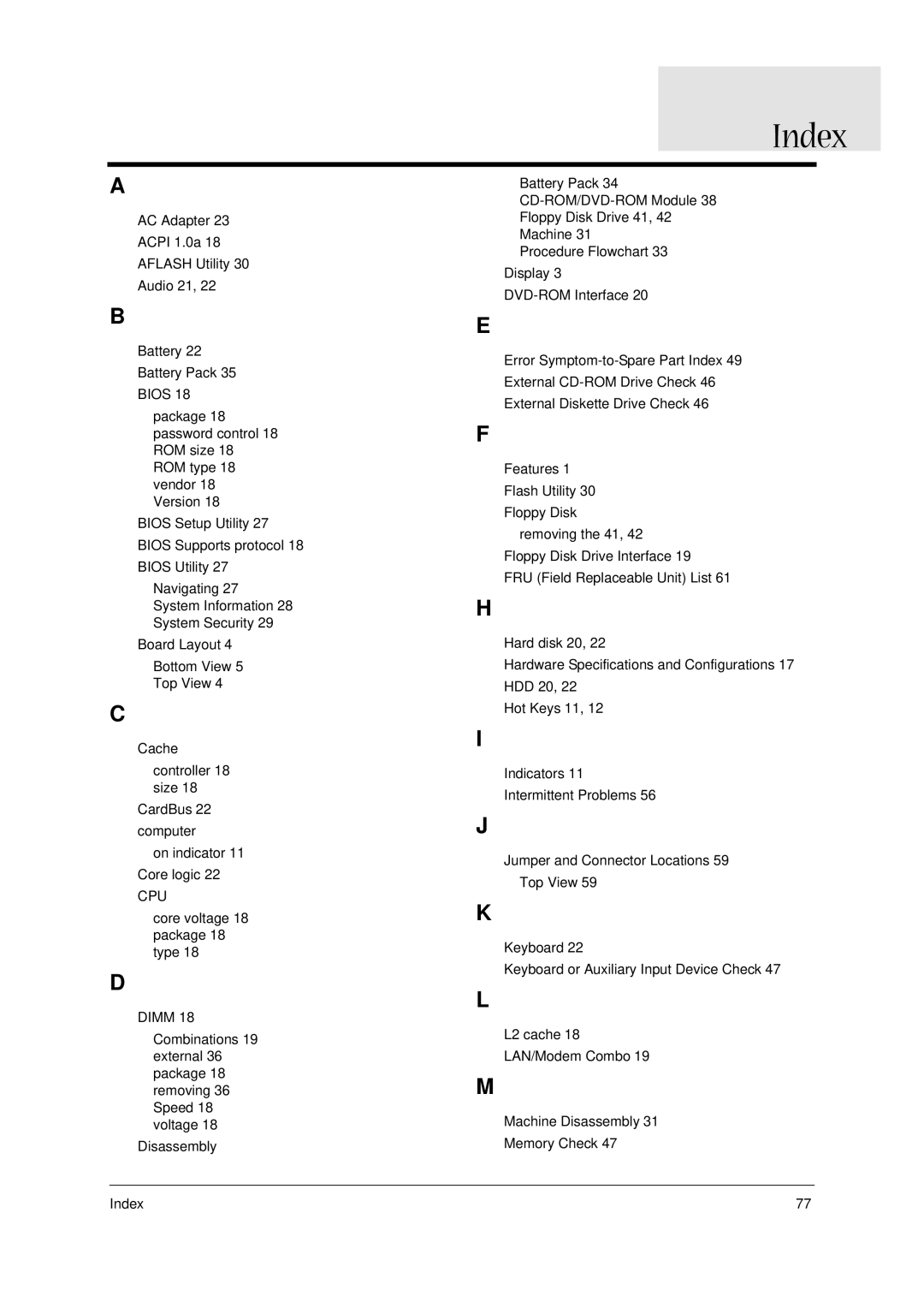 Acer VD.A0307.001 manual Index, Bios 