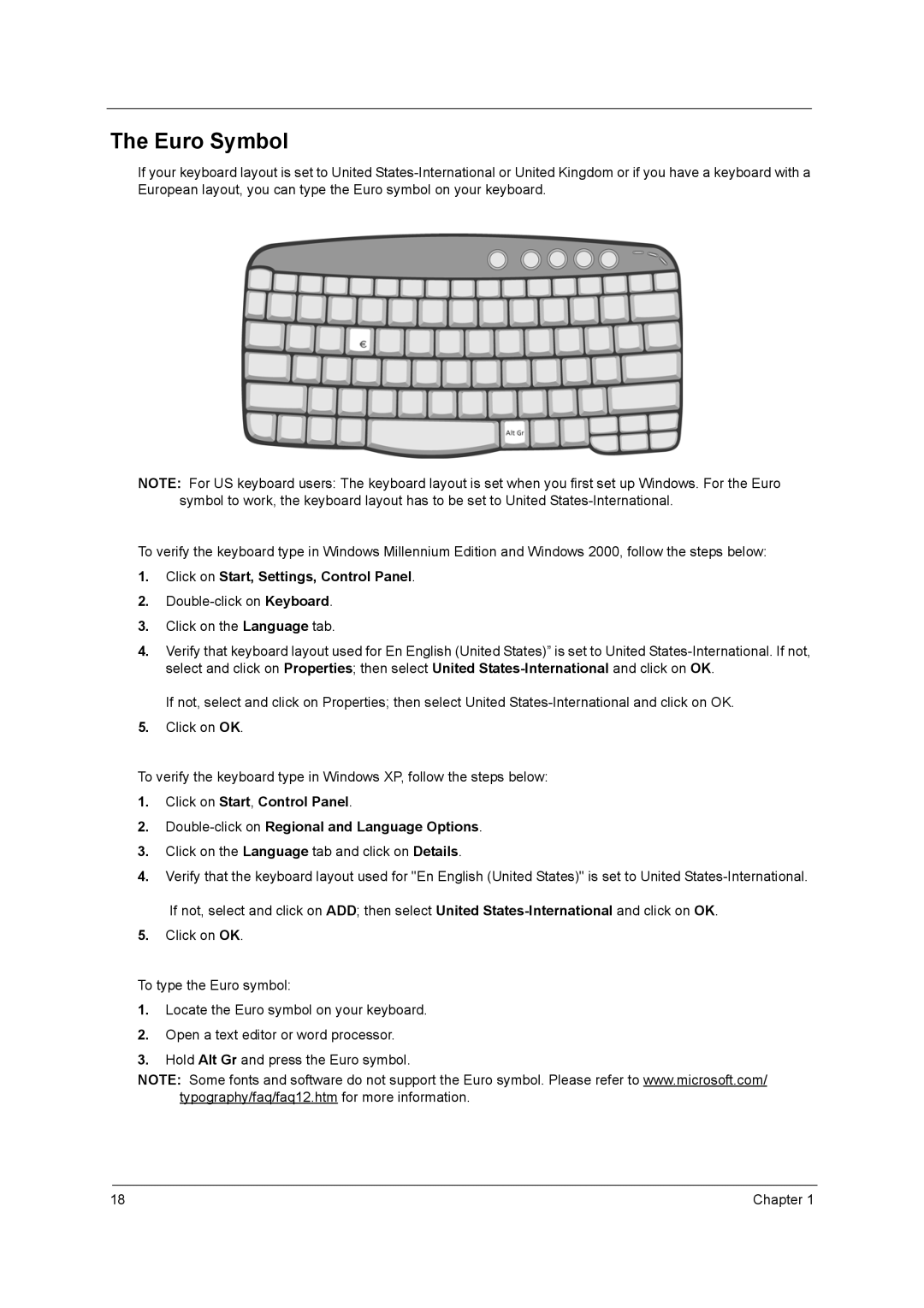 Acer VD.T25V7.001 manual Euro Symbol, Click on Start, Settings, Control Panel 