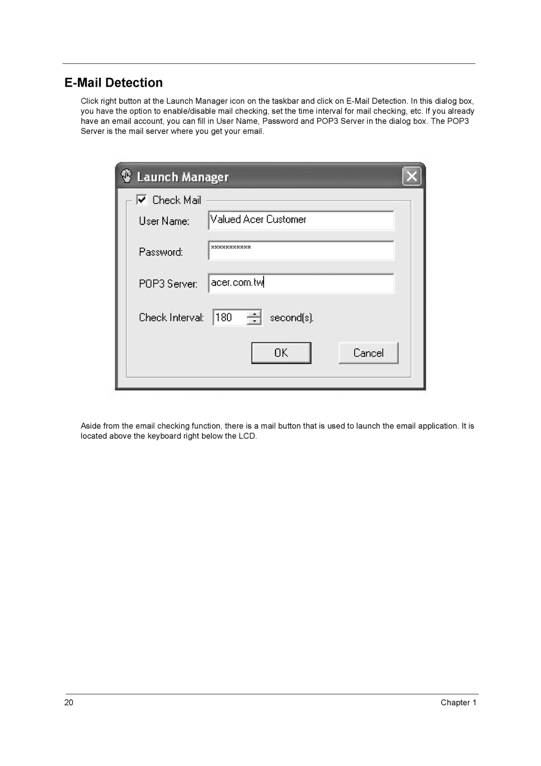 Acer VD.T25V7.001 manual Mail Detection 