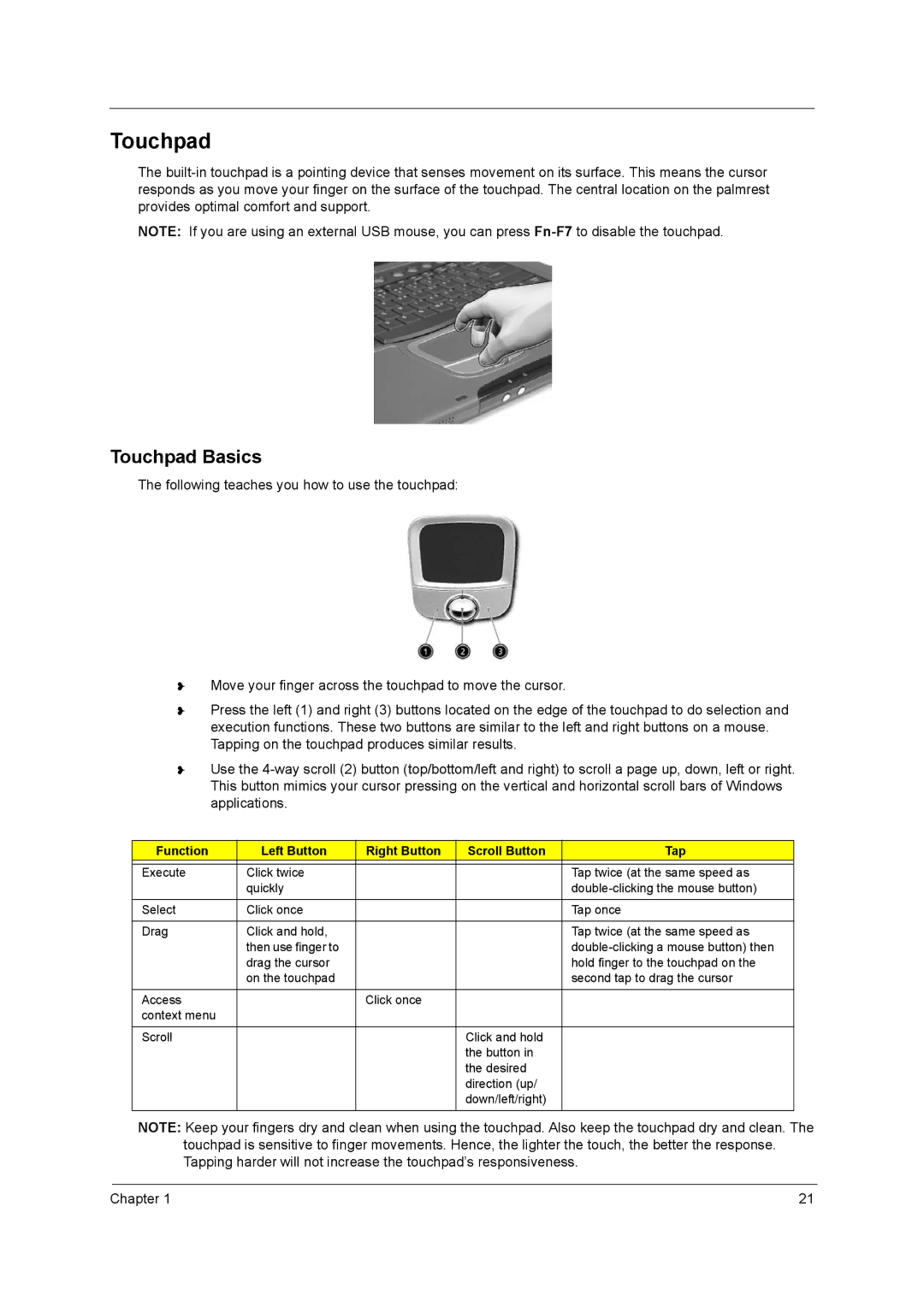 Acer VD.T25V7.001 manual Touchpad Basics, Function Left Button Right Button Scroll Button Tap 