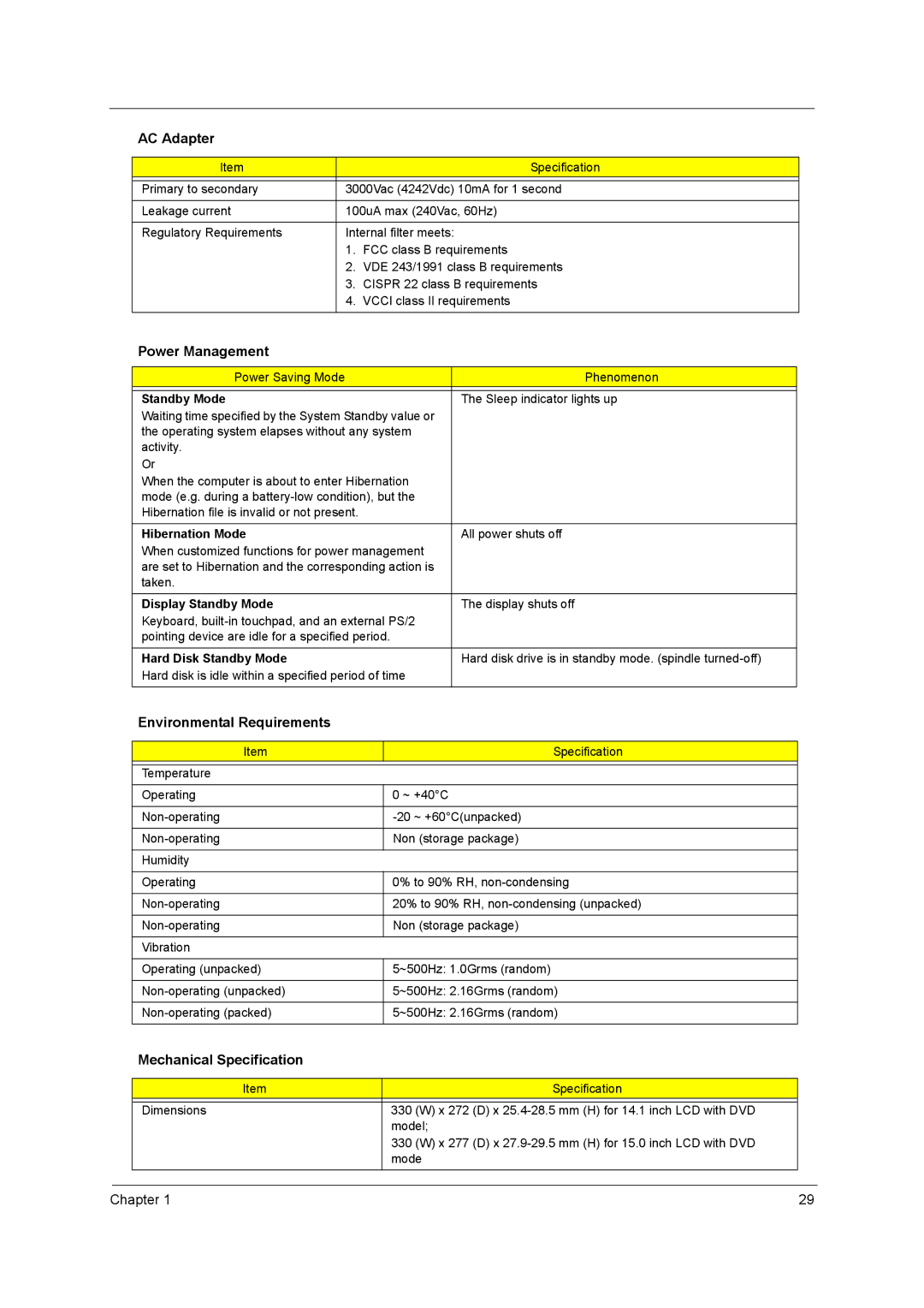 Acer VD.T25V7.001 manual Power Management, Environmental Requirements, Mechanical Specification 