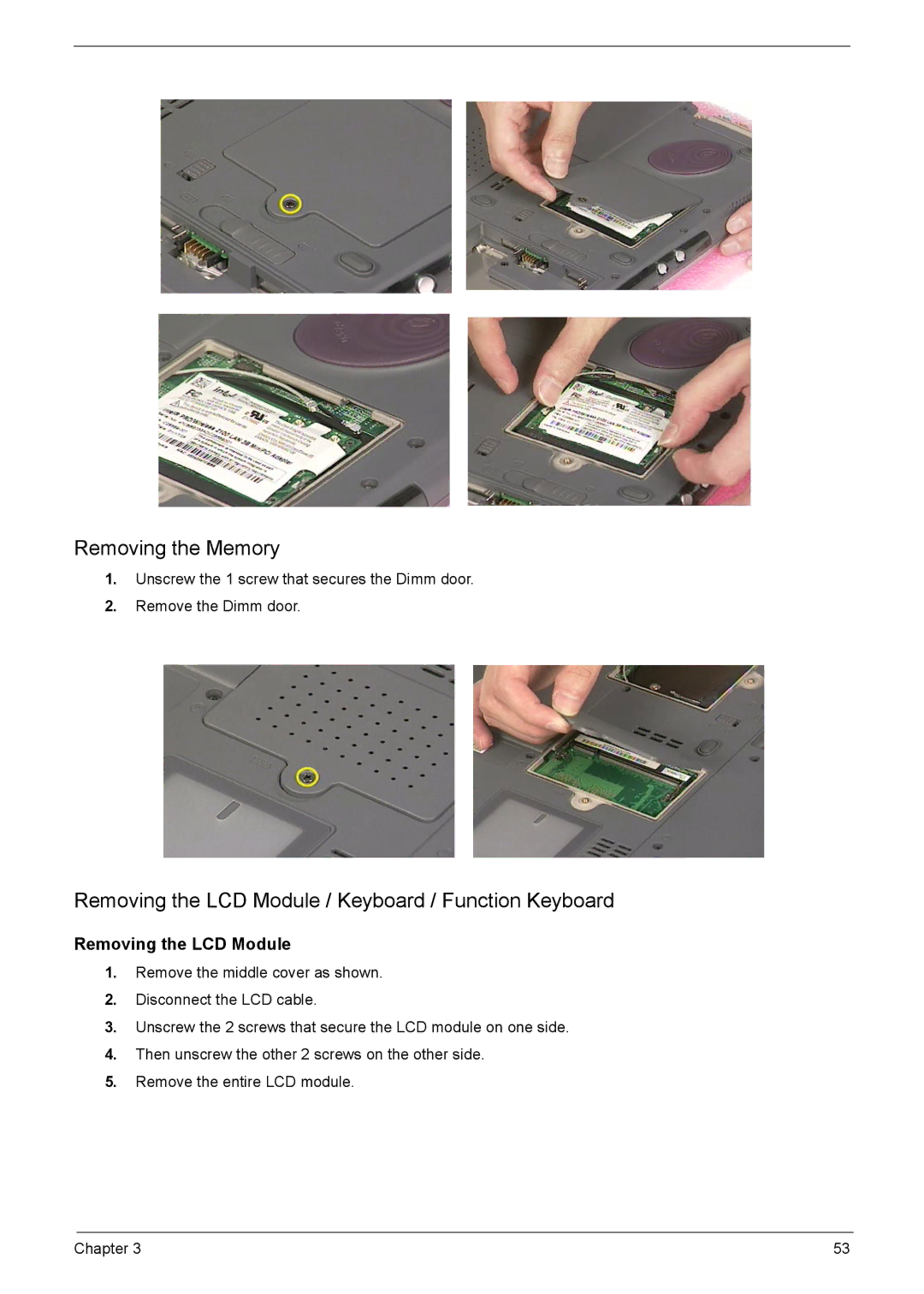 Acer VD.T25V7.001 manual Removing the Memory 