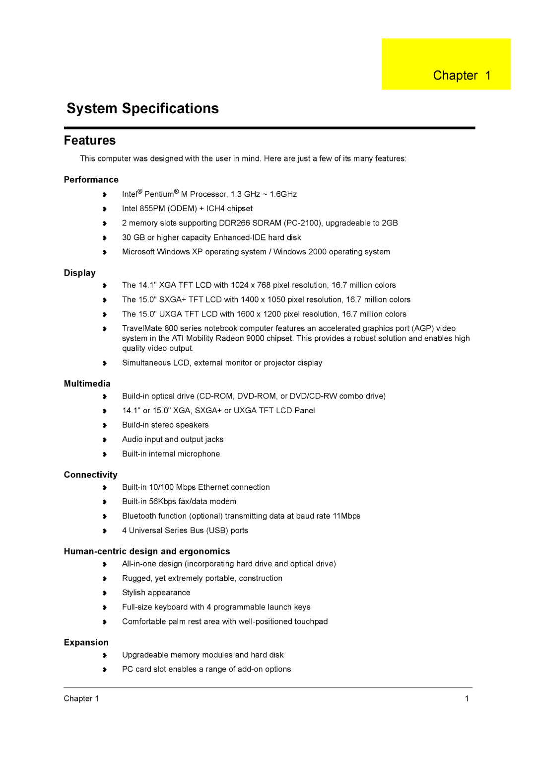 Acer VD.T25V7.001 manual Chapter, Features 