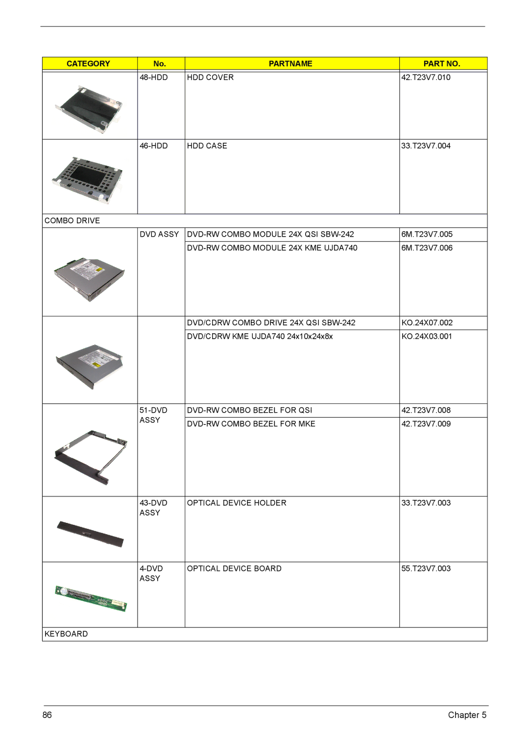 Acer VD.T25V7.001 HDD Cover, HDD Case, Combo Drive DVD Assy DVD-RW Combo Module 24X QSI SBW-242, Optical Device Holder 