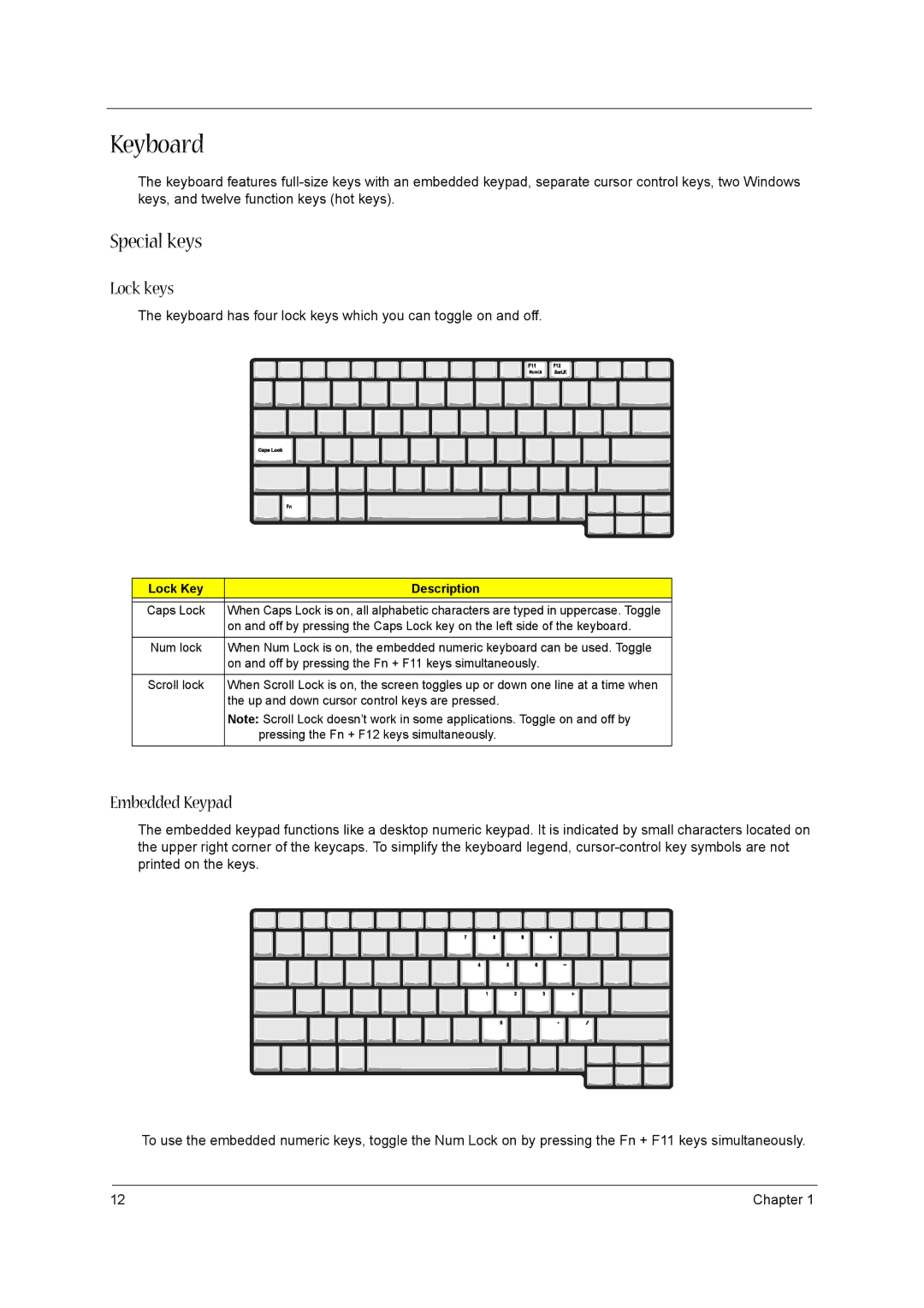 Acer VD.T39V1.001 manual Keyboard, Special keys, Lock keys, Embedded Keypad, Lock Key Description 