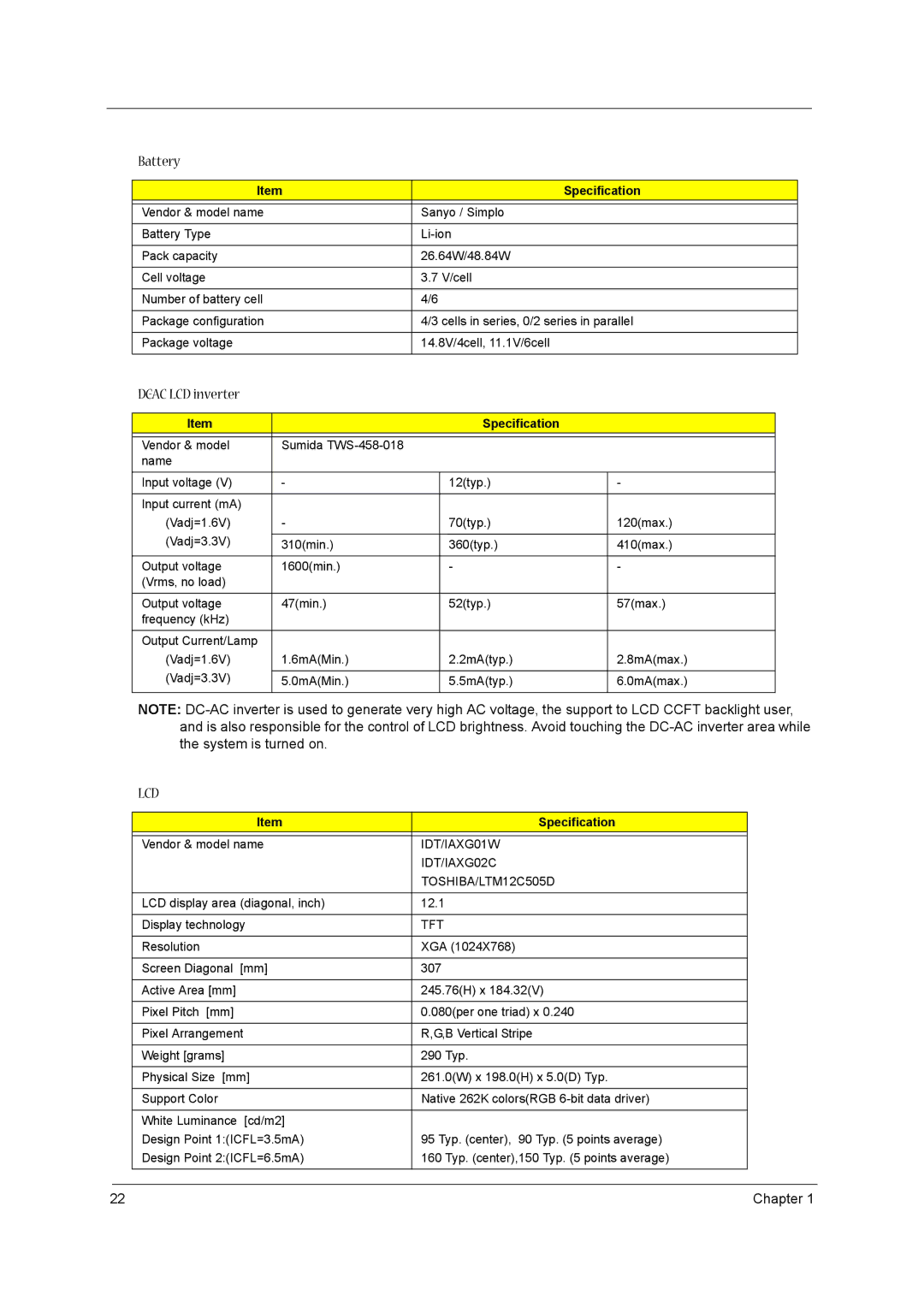 Acer VD.T39V1.001 manual Battery, DC-AC LCD inverter 