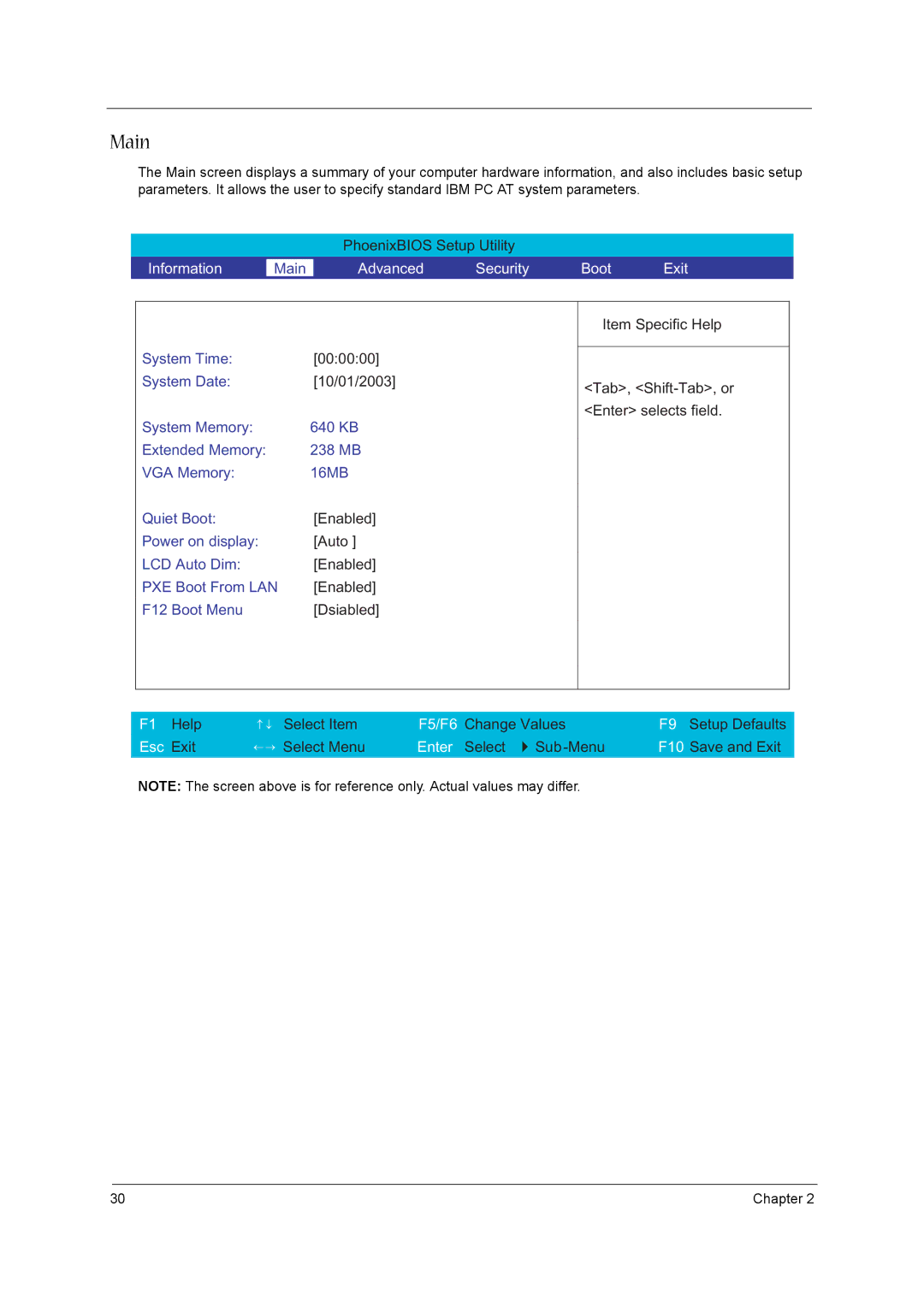 Acer VD.T39V1.001 manual Main, Advanced Security Boot Exit 