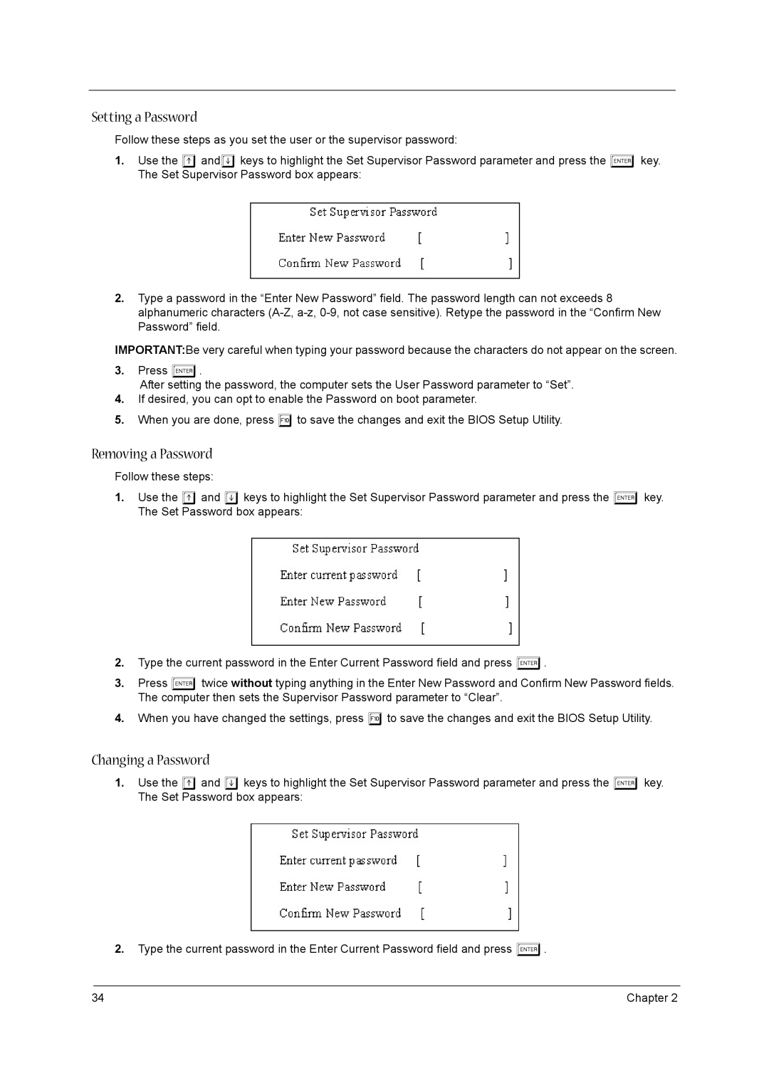 Acer VD.T39V1.001 manual Setting a Password, Removing a Password, Changing a Password 