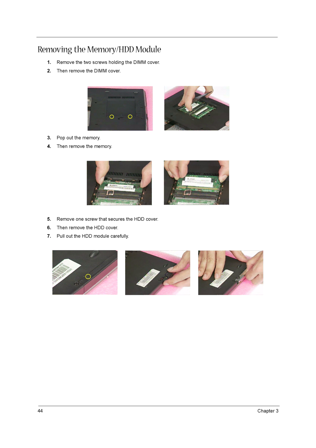 Acer VD.T39V1.001 manual Removing the Memory/HDD Module 