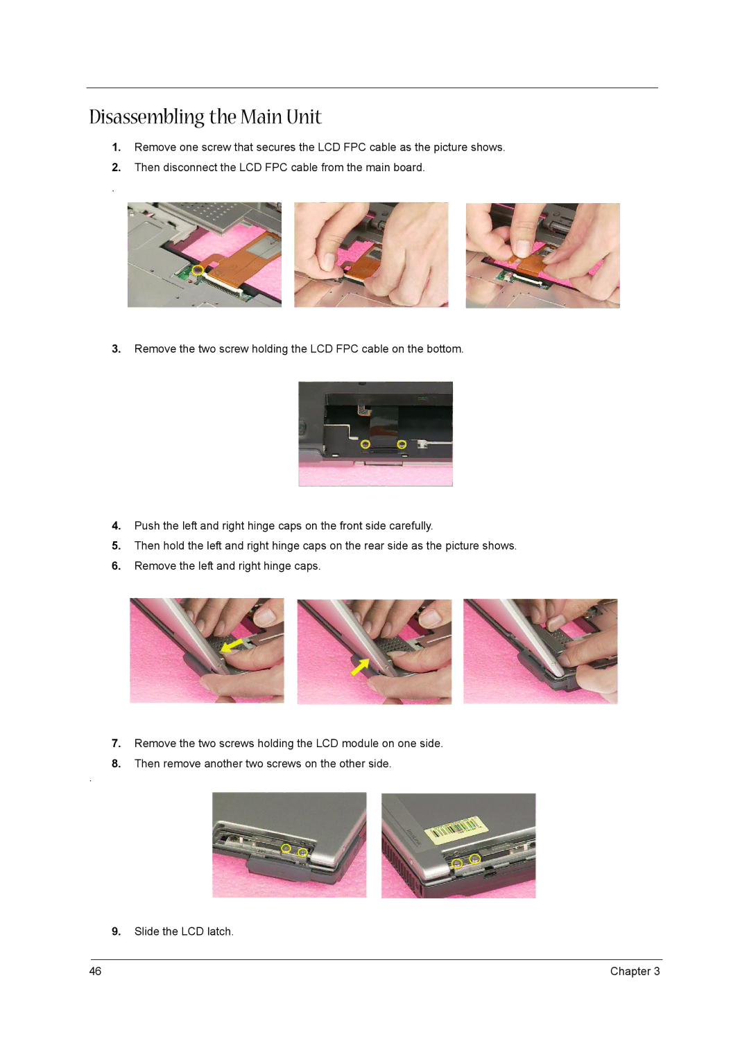 Acer VD.T39V1.001 manual Disassembling the Main Unit 