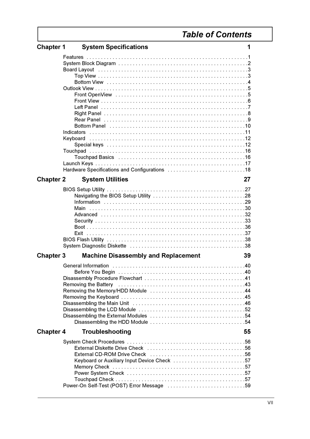 Acer VD.T39V1.001 manual Table of Contents 