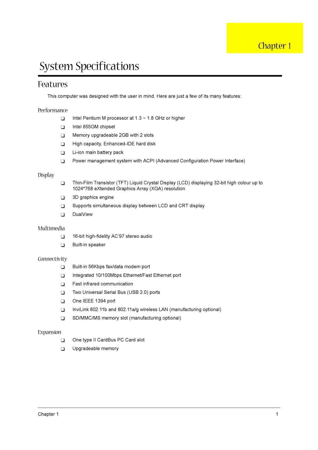 Acer VD.T39V1.001 manual System Specifications, Chapter, Features 