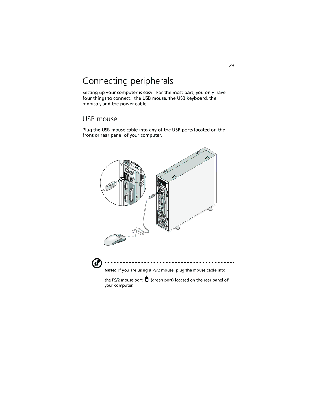 Acer Veriton 3300 manual Connecting peripherals, USB mouse 