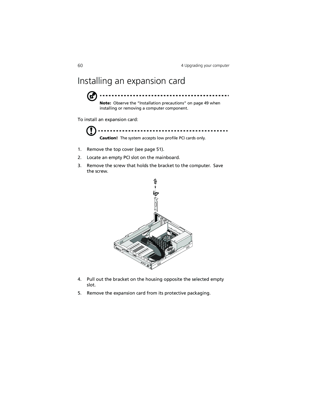 Acer Veriton 3300 manual Installing an expansion card 