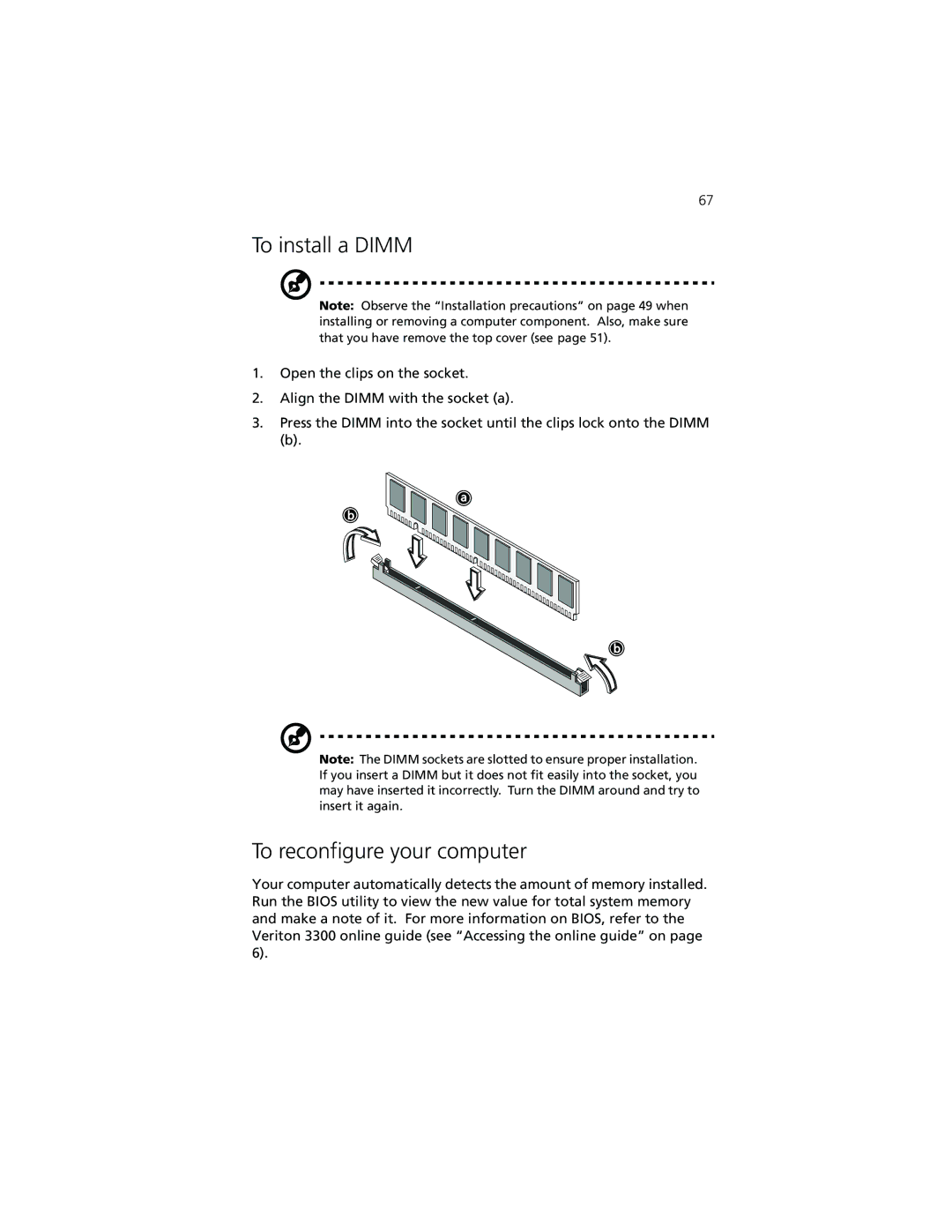 Acer Veriton 3300 manual To install a Dimm, To reconfigure your computer 