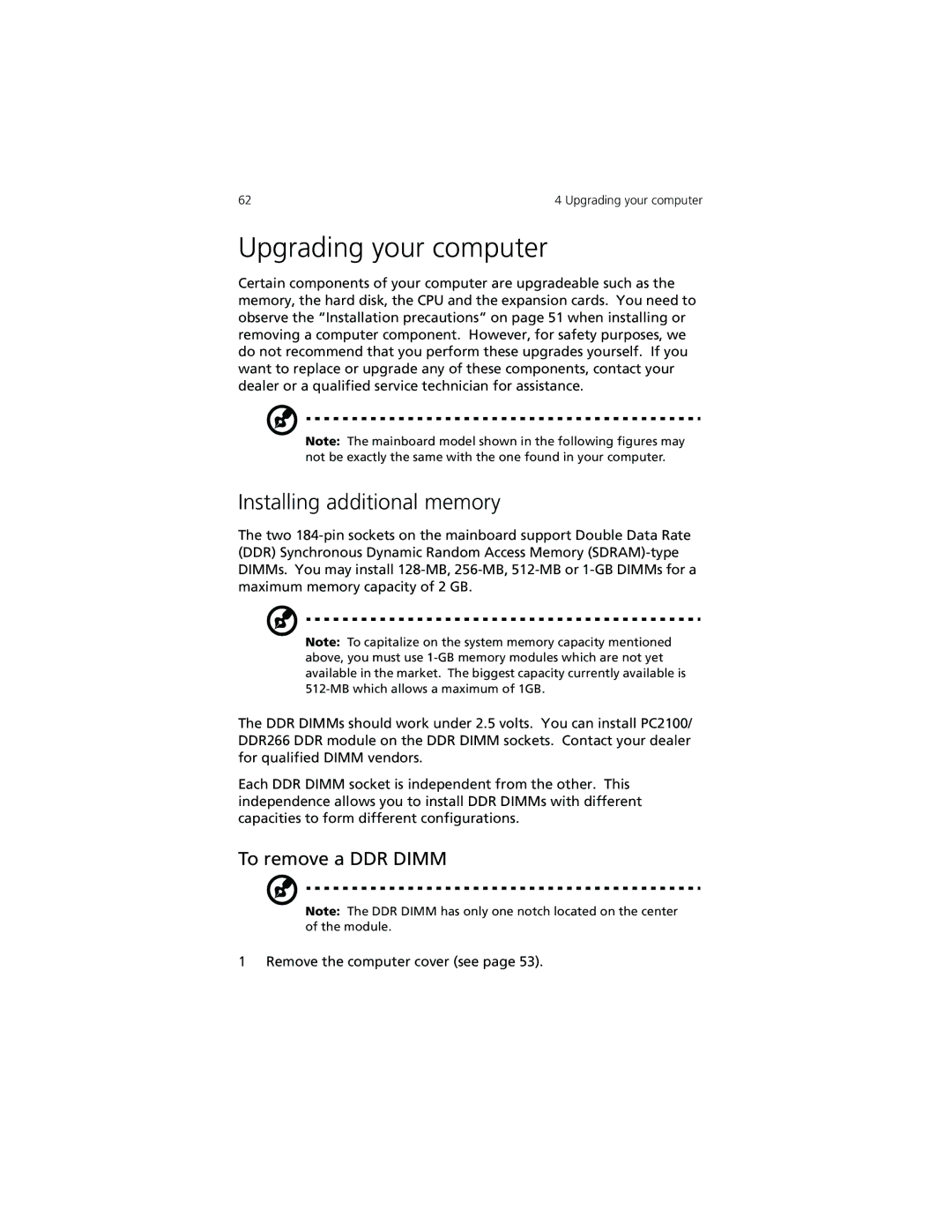 Acer Veriton 3500G manual Upgrading your computer, Installing additional memory, To remove a DDR Dimm 