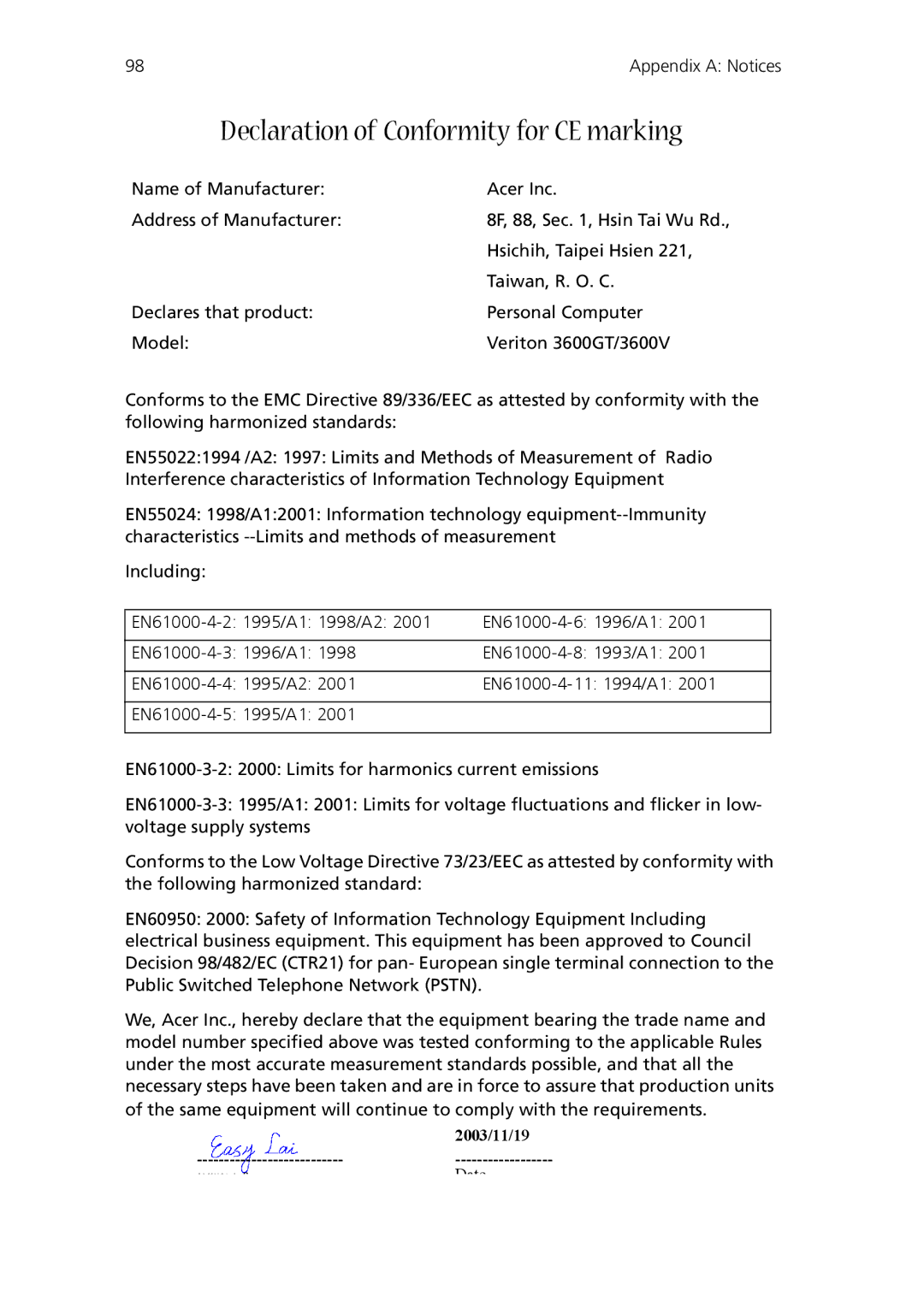 Acer Veriton 3600V, Veriton 3600GT manual Declaration of Conformity for CE marking 