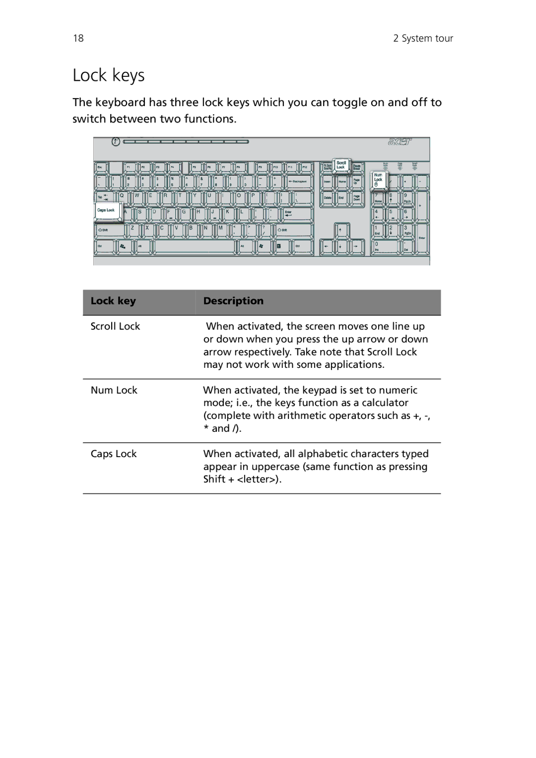 Acer Veriton 3600V, Veriton 3600GT manual Lock keys, Lock key Description 