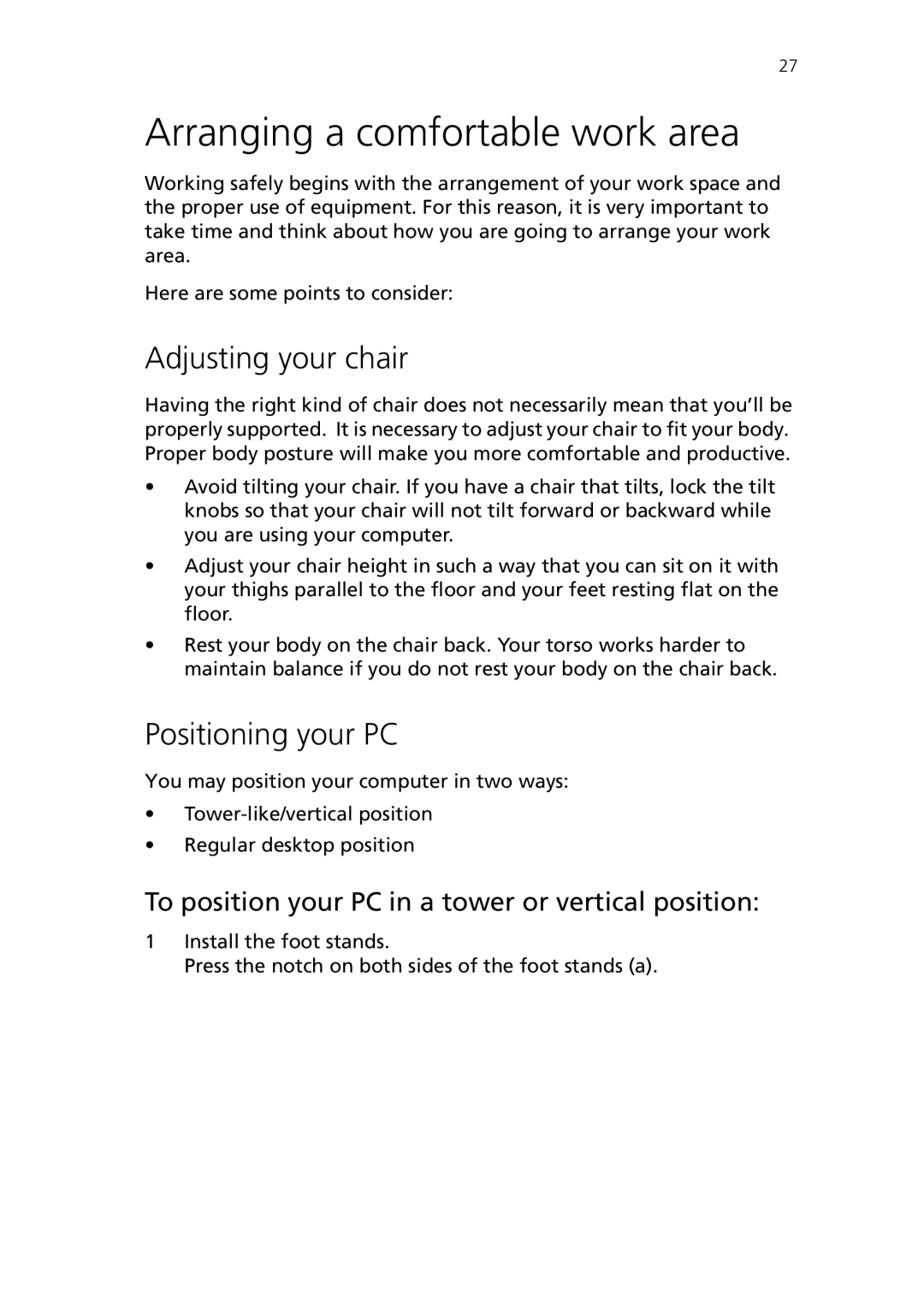 Acer Veriton 3600GT, Veriton 3600V manual Arranging a comfortable work area, Adjusting your chair, Positioning your PC 
