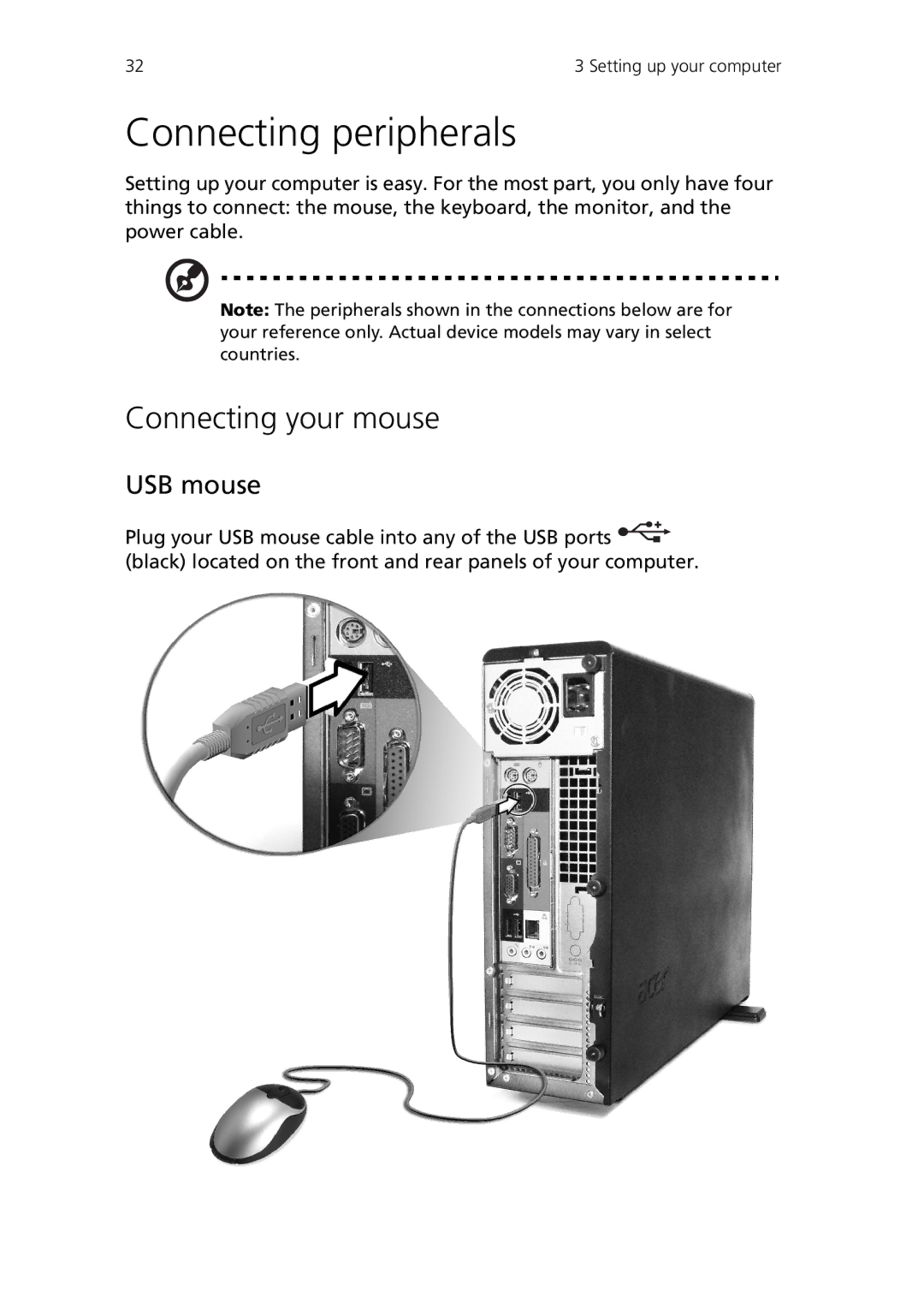 Acer Veriton 3600V, Veriton 3600GT manual Connecting peripherals, Connecting your mouse, USB mouse 