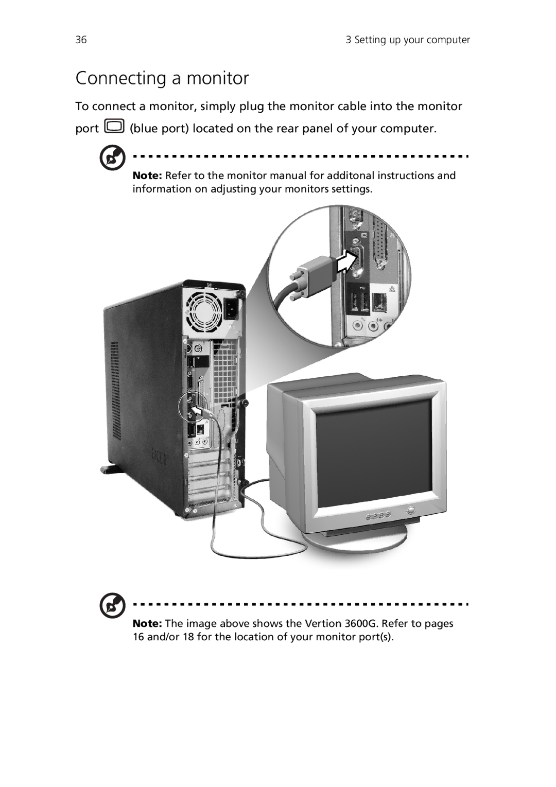 Acer Veriton 3600V, Veriton 3600GT manual Connecting a monitor 