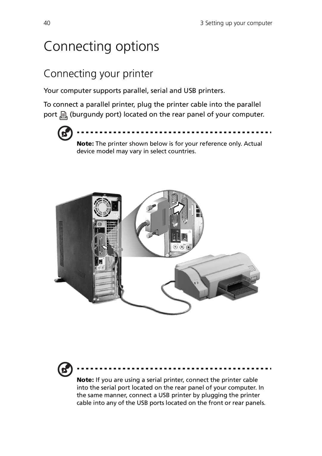 Acer Veriton 3600V, Veriton 3600GT manual Connecting options, Connecting your printer 