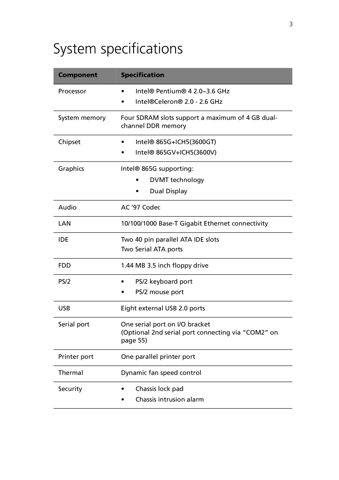 Acer Veriton 3600GT, Veriton 3600V manual System specifications, Component Specification 