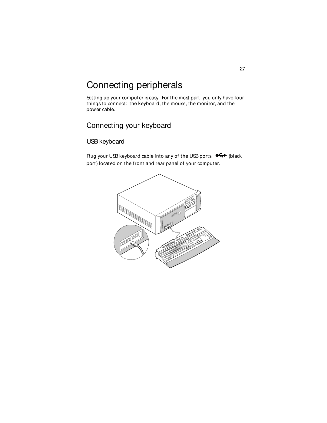 Acer Veriton 5200 manual Connecting peripherals, Connecting your keyboard, USB keyboard 