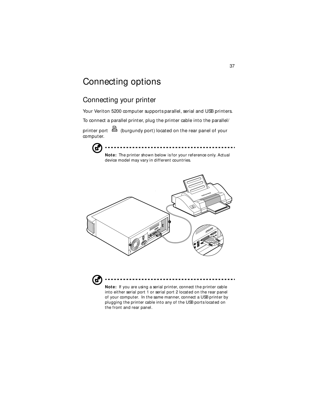 Acer Veriton 5200 manual Connecting options, Connecting your printer 