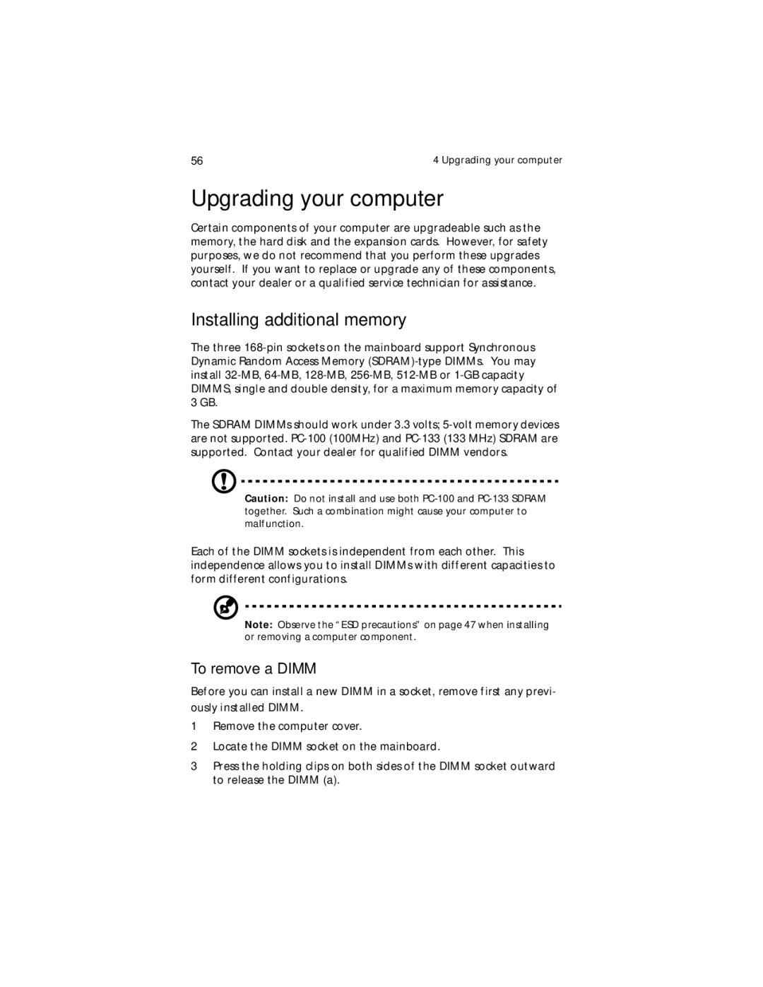 Acer Veriton 5200 manual Upgrading your computer, Installing additional memory, To remove a Dimm 