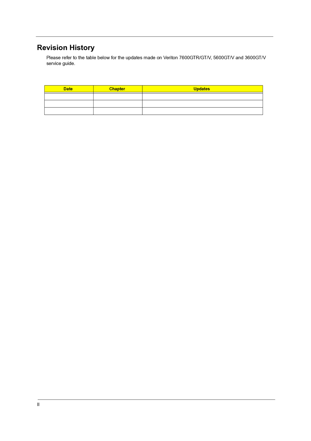 Acer Veriton 7600GTR/7600GT/7600V, Veriton 5600GT/5600V, Veriton 3600GT/3600V manual Revision History, Date Chapter Updates 