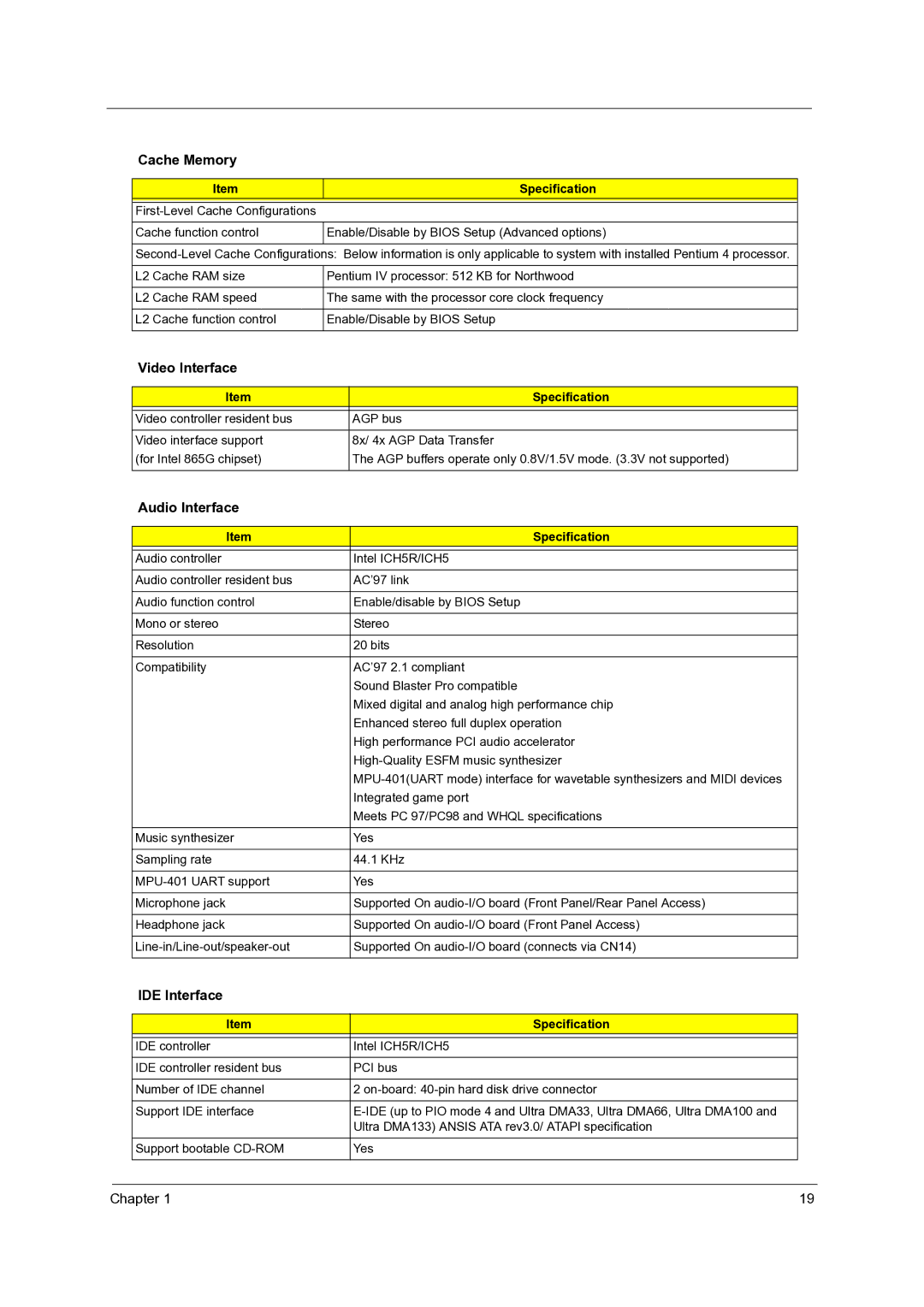 Acer Veriton 3600GT/3600V, Veriton 5600GT/5600V manual Cache Memory, Video Interface, Audio Interface, IDE Interface 