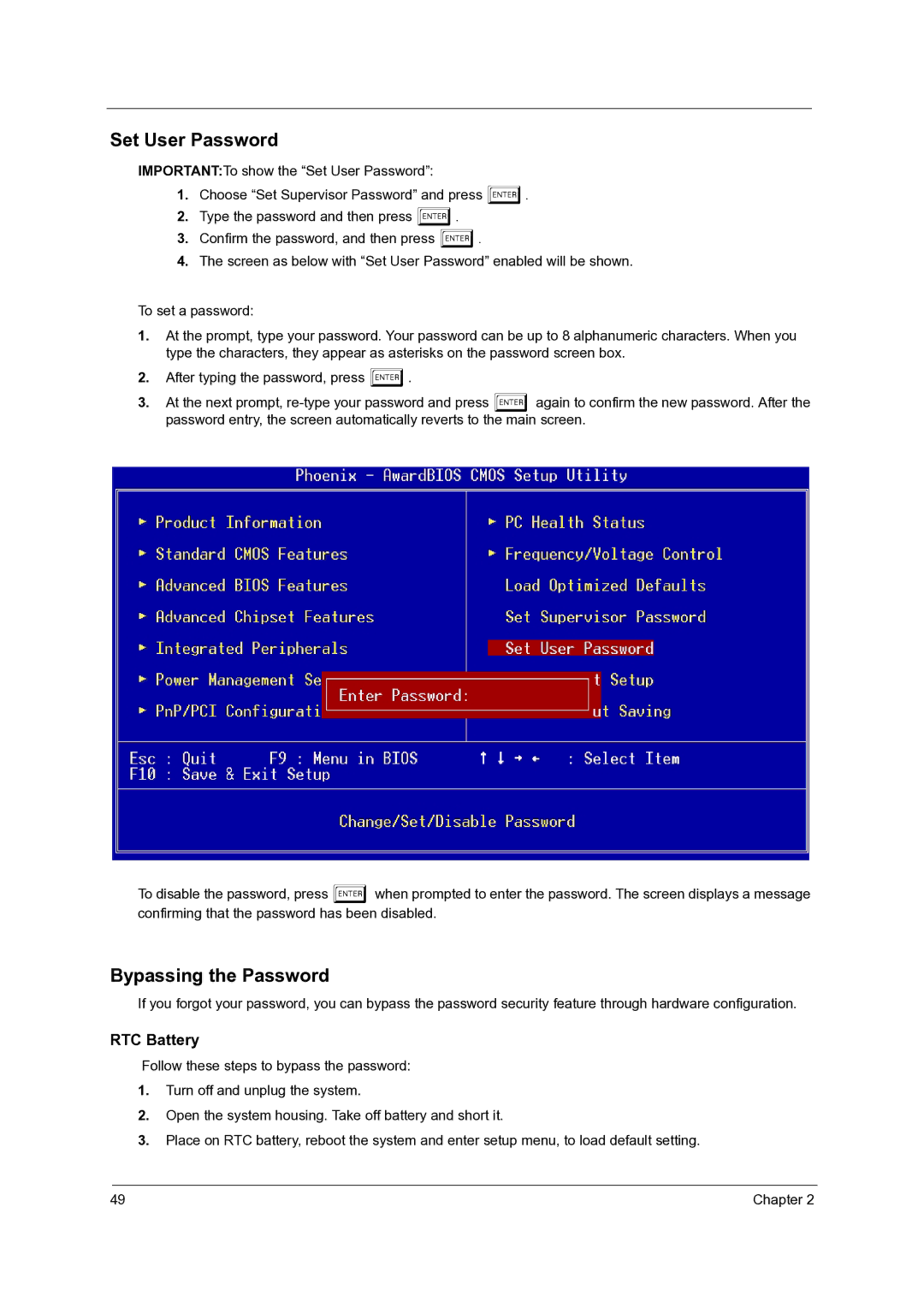 Acer Veriton 3600GT/3600V, Veriton 5600GT/5600V manual Set User Password, Bypassing the Password, RTC Battery 