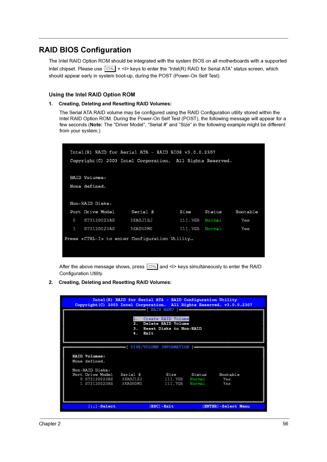 Acer Veriton 7600GTR/7600GT/7600V, Veriton 5600GT/5600V manual RAID Bios Configuration, Using the Intel RAID Option ROM 