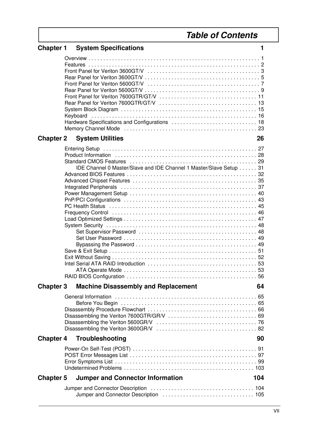 Acer Veriton 3600GT/3600V, Veriton 5600GT/5600V, Veriton 7600GTR/7600GT/7600V manual Table of Contents 