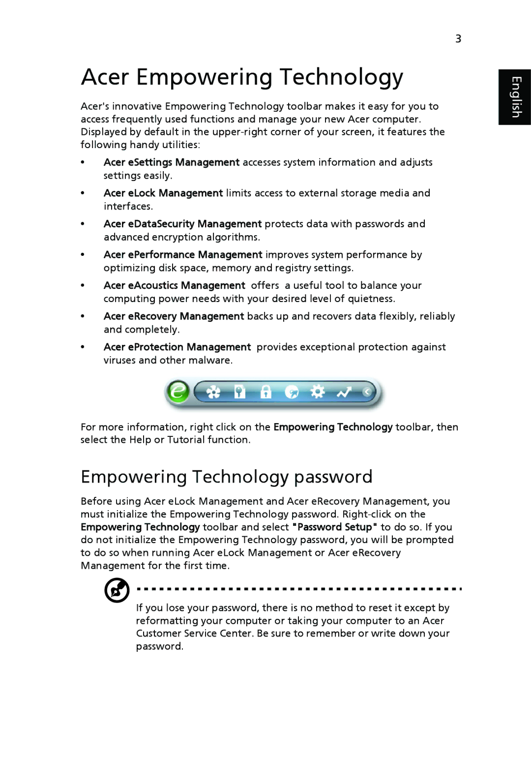 Acer Veriton manual Acer Empowering Technology, Empowering Technology password 