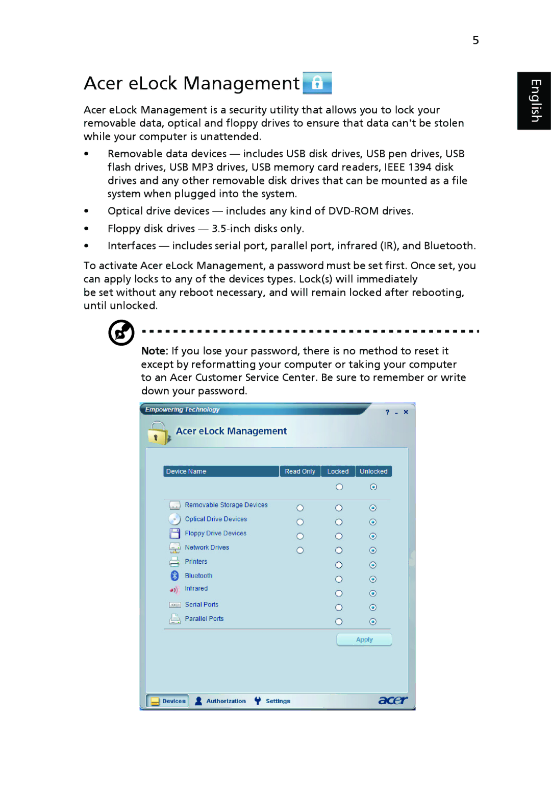 Acer Veriton manual Acer eLock Management 