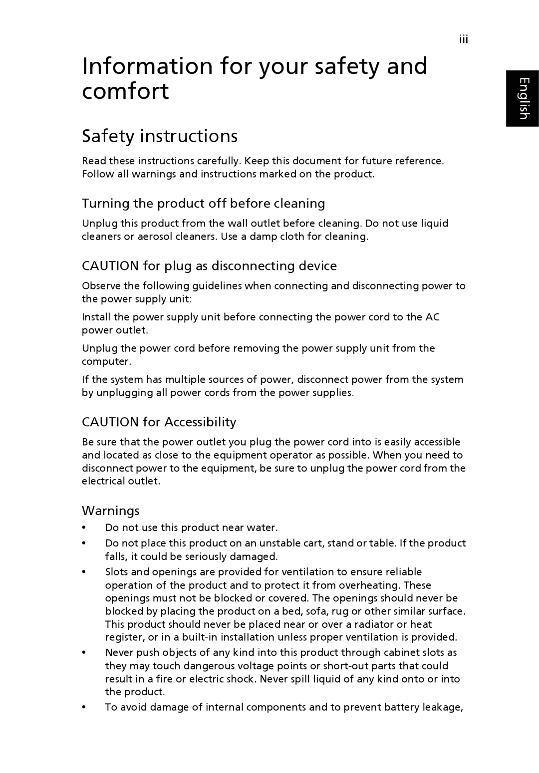 Acer Veriton manual Information for your safety and comfort, Safety instructions, Turning the product off before cleaning 