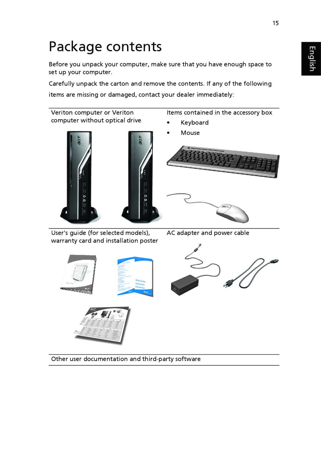 Acer Veriton manual Package contents 