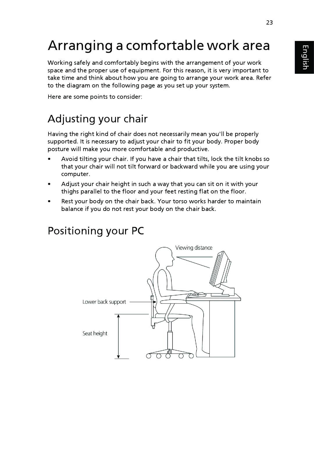 Acer Veriton manual Arranging a comfortable work area, Adjusting your chair, Positioning your PC 