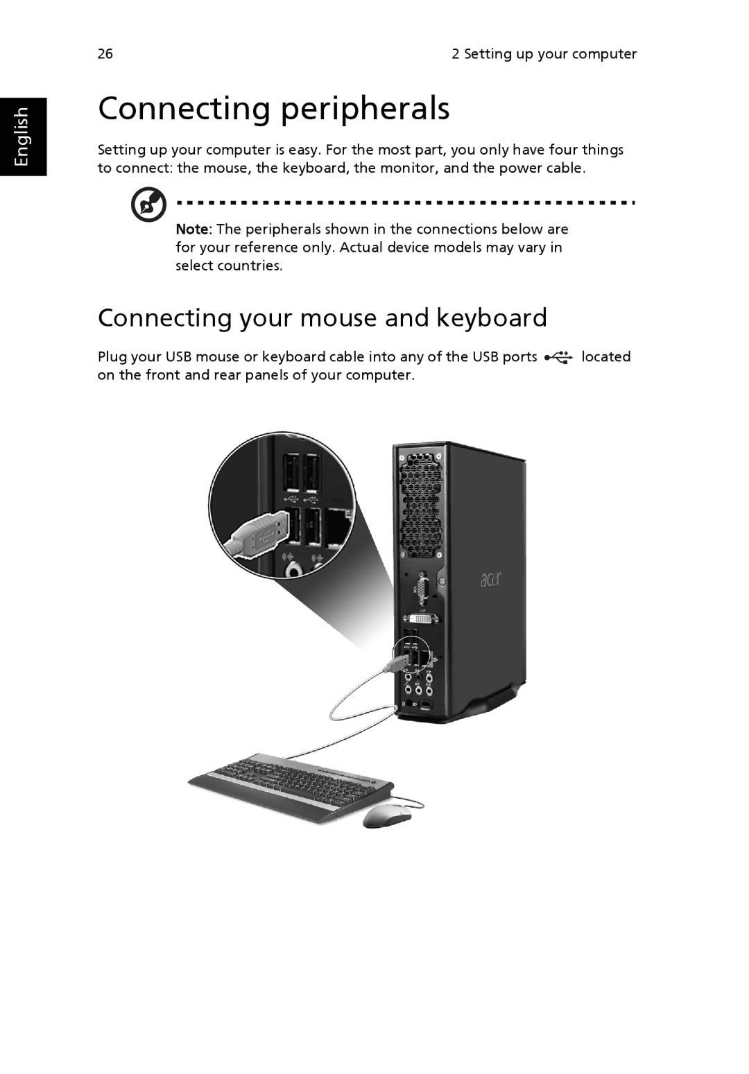 Acer Veriton manual Connecting peripherals, Connecting your mouse and keyboard 