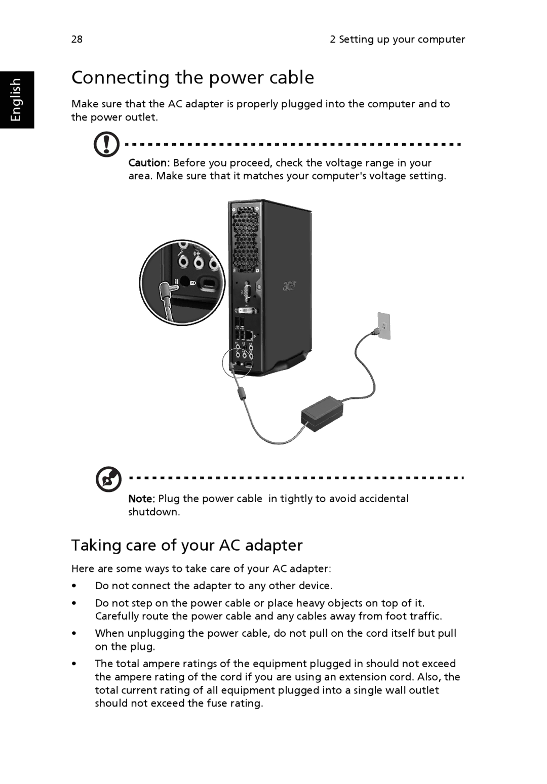 Acer Veriton manual Connecting the power cable, Taking care of your AC adapter 