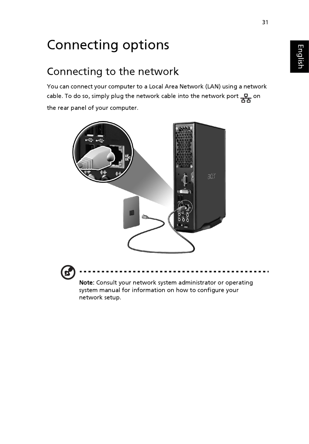 Acer Veriton manual Connecting options, Connecting to the network 