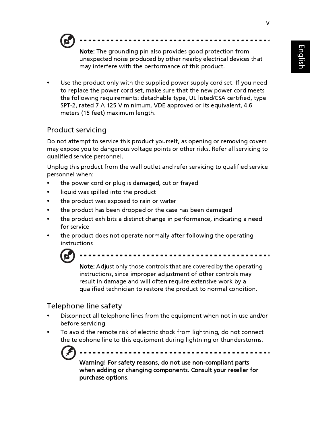 Acer Veriton manual Product servicing, Telephone line safety 