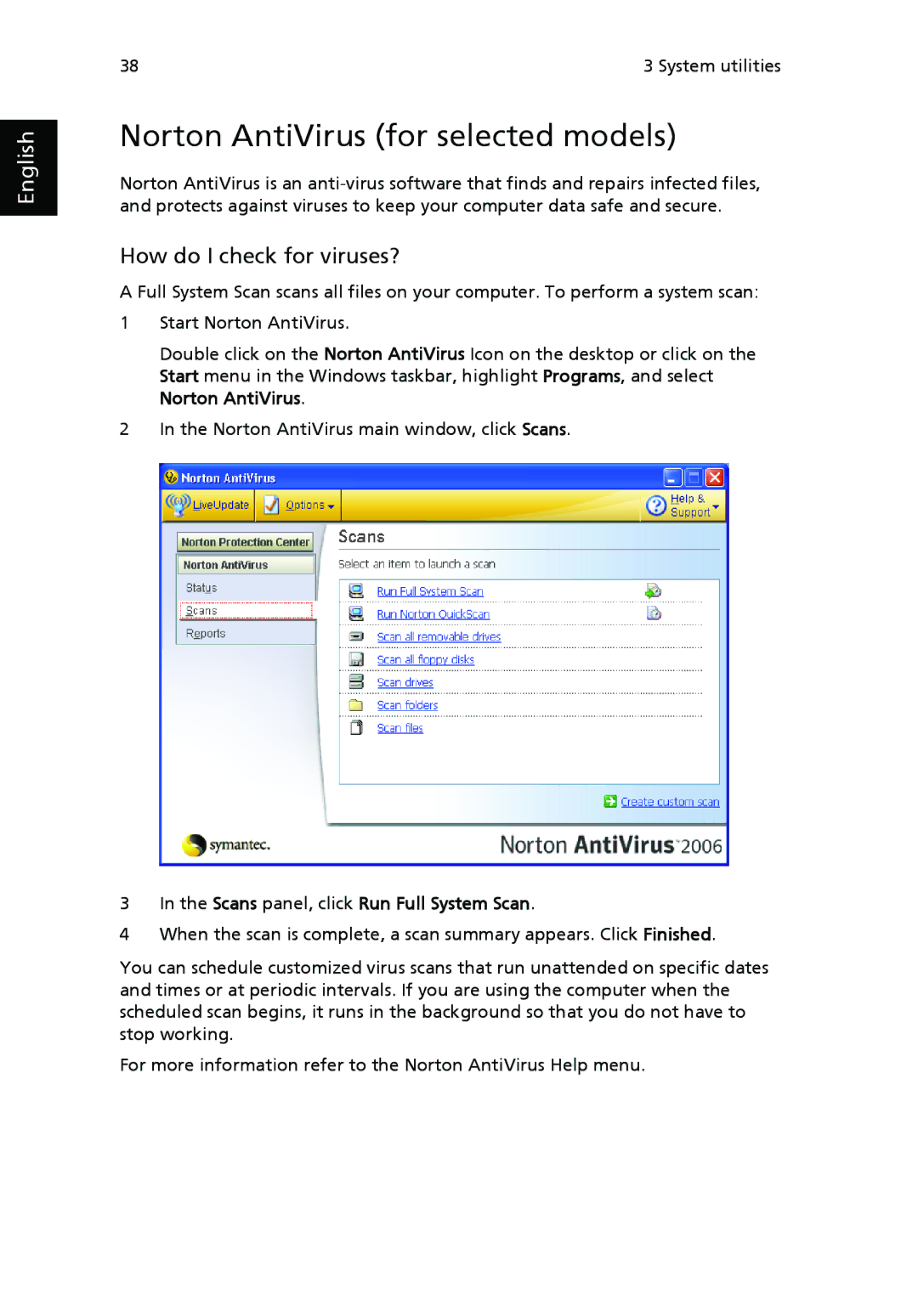 Acer Veriton manual Norton AntiVirus for selected models, How do I check for viruses? 